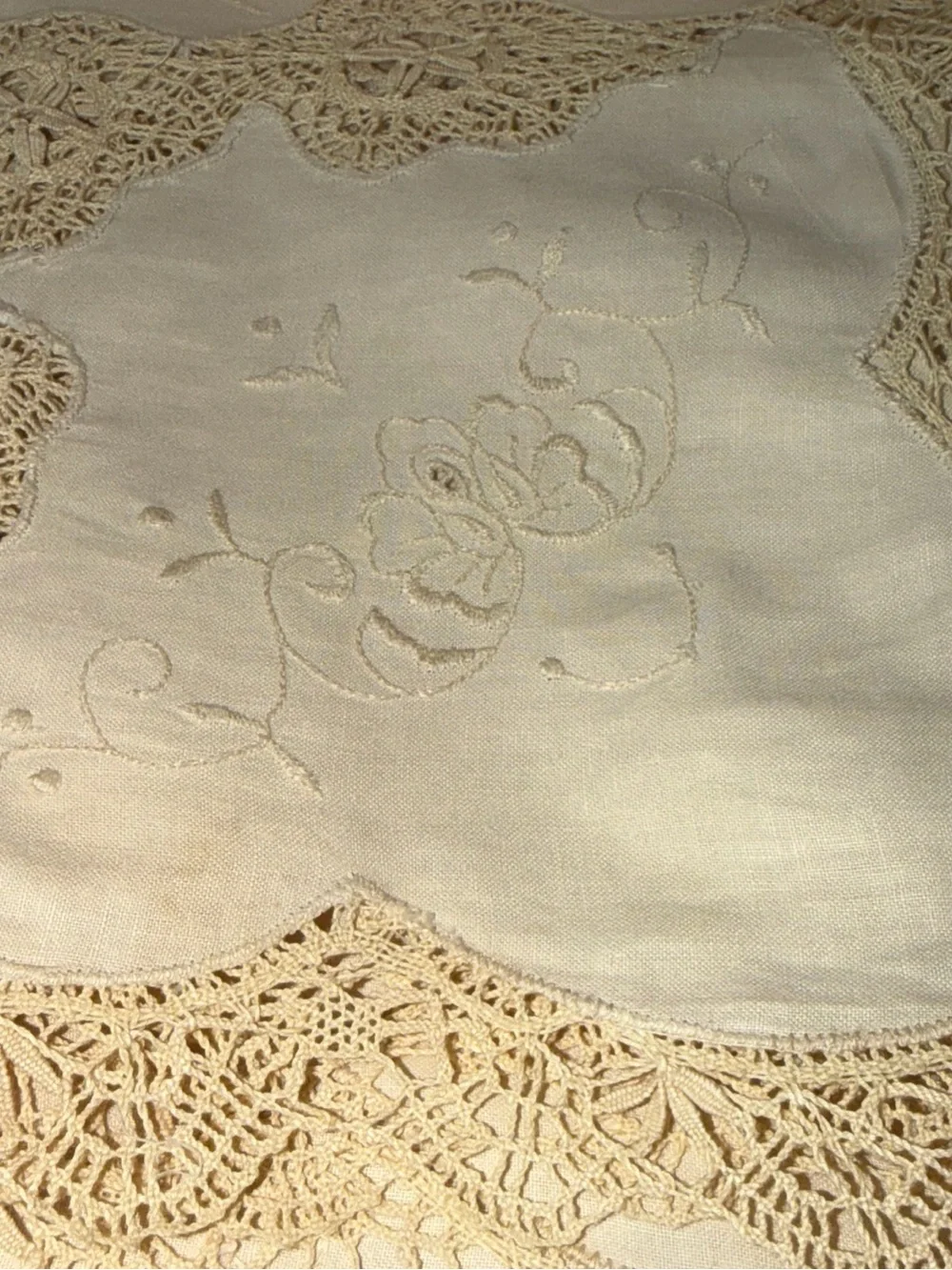 Vintage cotton linen cutwork battenburg lace formal tablecloth 84”x66” Victorian
